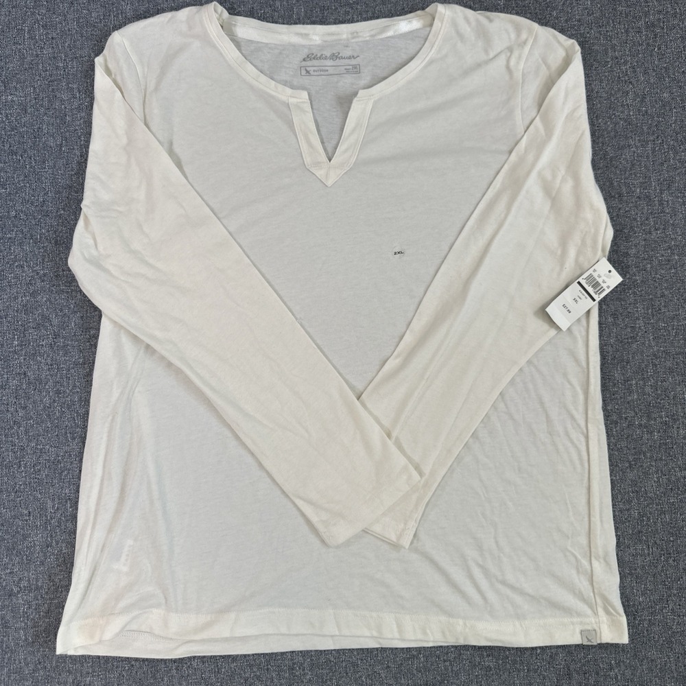 NWT Eddie Bauer Womens Large Cream Short Sleeve Tie Neck Top Knit T-Shirt L